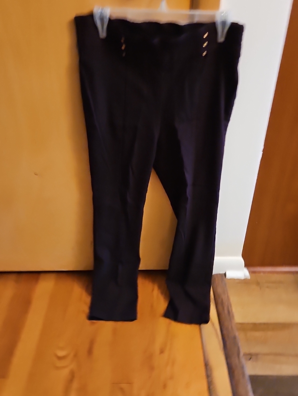 Rafaella Comfort Stretch Black/ Plum Straight-Leg Ponte Pants with Button Detail
